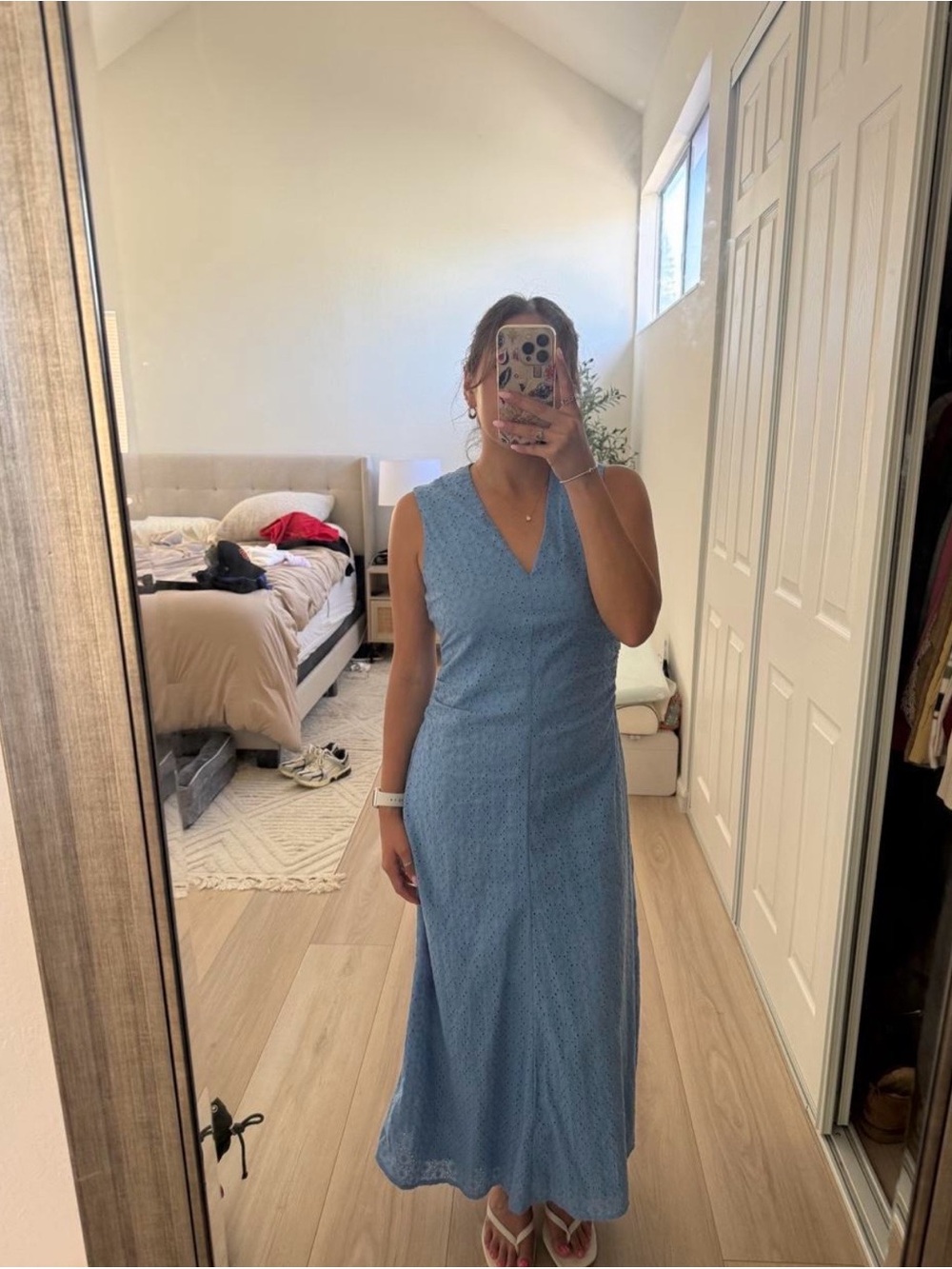 Sleeveless Sky Blue Eyelet Maxi Dress with V-Neck